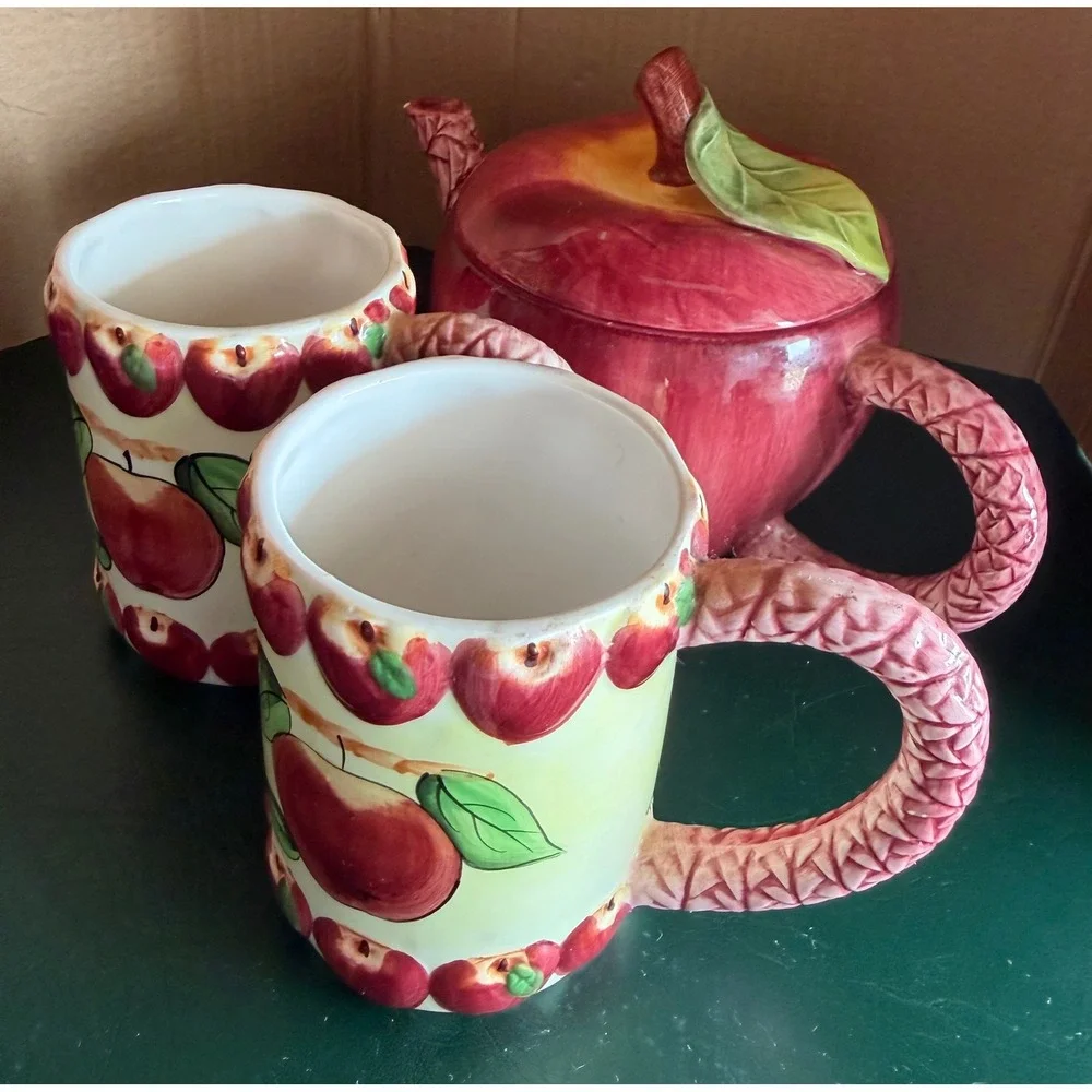 Seymour Mann Vintage Apple Teapot and Mugs Set Hand Painted Faience Ceramic 3pc